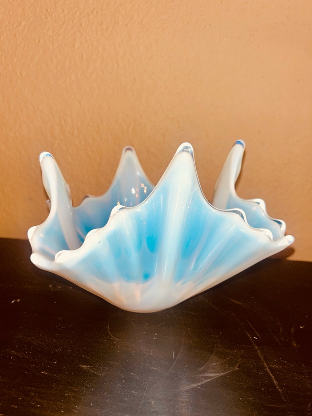 Vintage Fostoria Heirloom blue opalescent handkerchief bowl vase